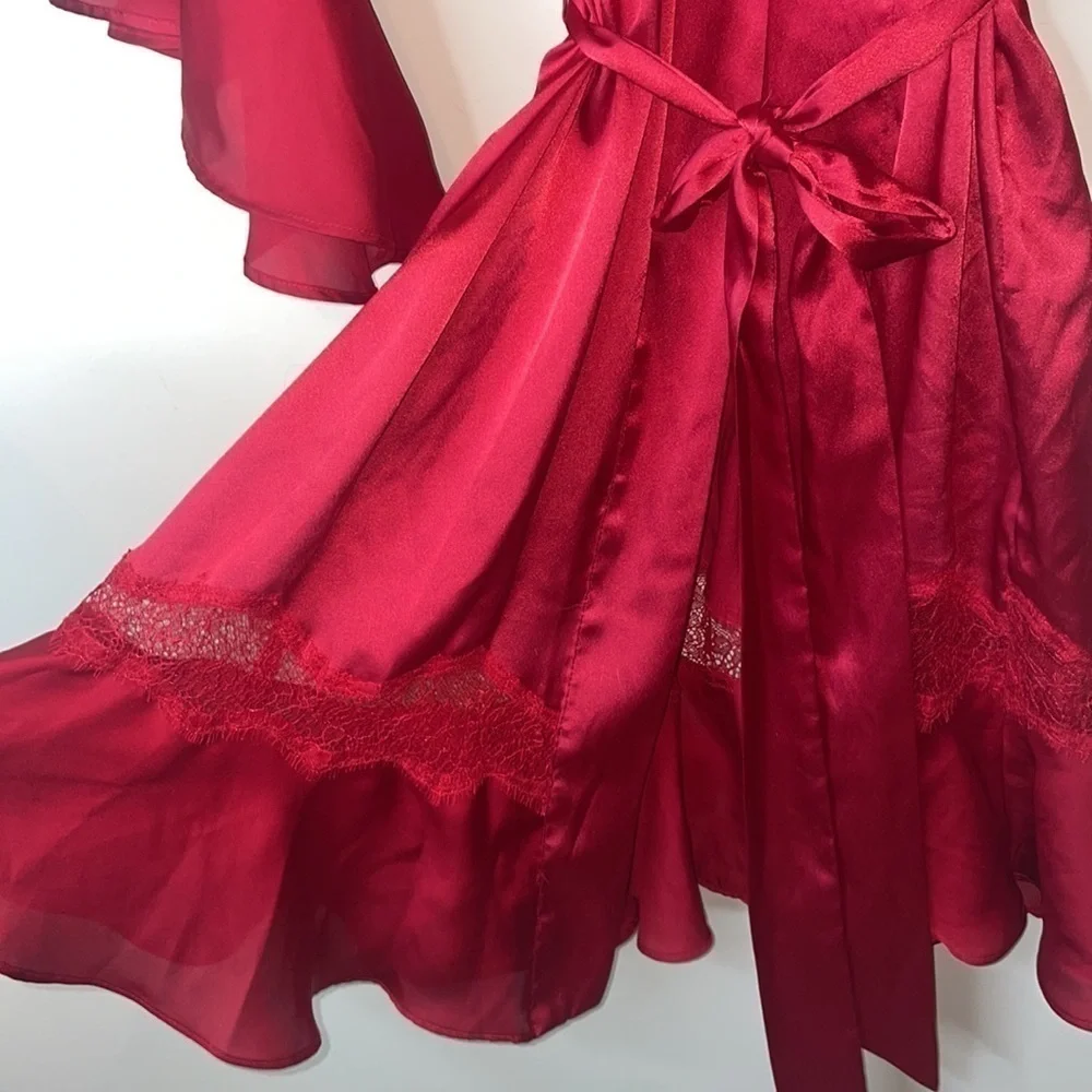 Rare Victorias Secret Red Satin Ruffle Flounce Bell Sleeves Kimono Robe XS/S